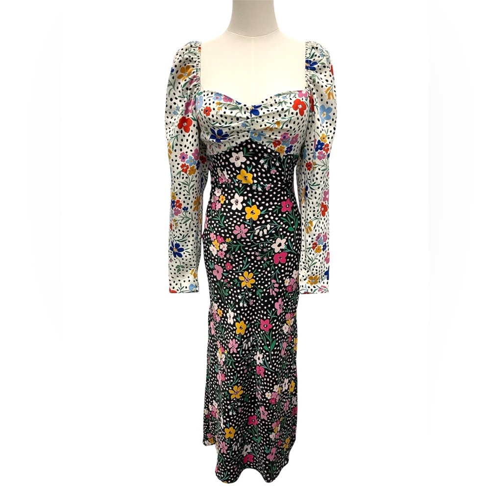ASOS Satin‎ Sweetheart Long Sleeve Floral Midi Dress Cottagecore Whimsical Sz 2